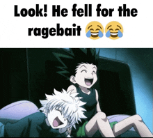 a couple of anime characters laying on a bed with the words `` look ! he fell for the ragebait '' .