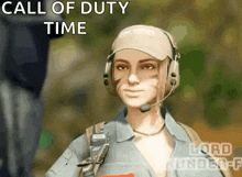 a woman wearing a hat and headphones with the words call of duty time written above her
