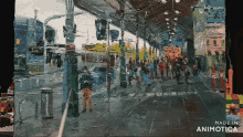 a painting of people waiting at a train station is made by animatica