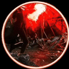 a red circle with a person in it and a fire coming out of it
