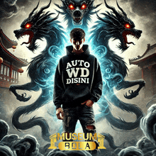 a man in a hoodie that says auto wd disini stands in front of two dragons