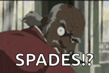 a cartoon character with the words spades on the bottom right