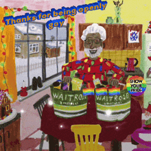 a cartoon drawing of an elderly man holding a bucket of waitrose products