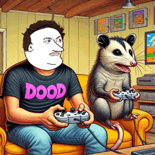 a cartoon of a man and an opossum playing video games with a shirt that says dood