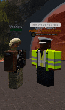 a man in a yellow vest is talking to another man in a military uniform in a video game that says join the police group