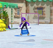 a cartoon character is holding a hockey stick on a rink