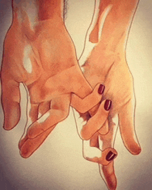 a drawing of a couple holding hands with red nails