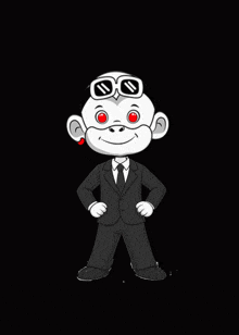 a cartoon monkey in a suit and tie with red eyes