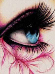a close up of a woman 's eye with a pink feather on it