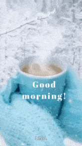 a person is holding a cup of coffee in the snow .