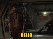 a man standing in a doorway with the word hello on the bottom right