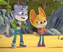 two cartoon characters are standing next to each other