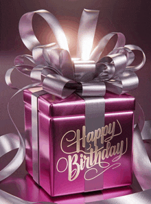 a pink gift box that says happy birthday