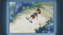 a cartoon of a boy laying on the ground with a blue background
