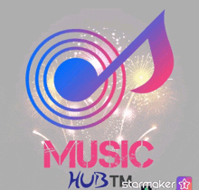 a music logo with fireworks in the background and the words music hubtm starmaker