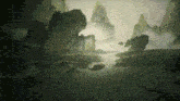 a painting of a landscape with mountains and trees