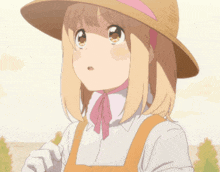 a girl wearing a straw hat and an apron looks surprised