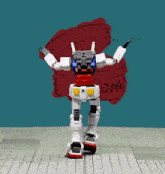 a red white and blue robot is standing in front of a drawing that says dm