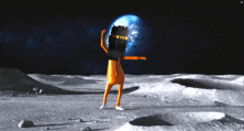 a cartoon character is standing on the moon holding a shield