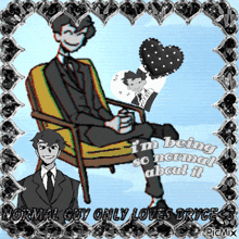 a picture of a man in a suit sitting in a chair with the words " normal guy only loves bryce "