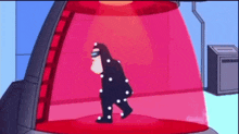 a cartoon character is walking in a red room