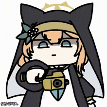 a cartoon of a nun holding a camera and making a funny face .