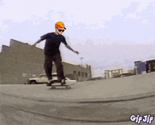 a gif of a man riding a skateboard with the words gif jif below