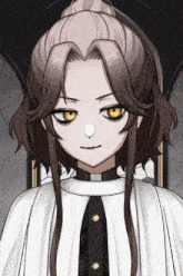 a girl with long brown hair and yellow eyes is wearing a white cape