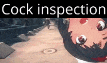a close up of a person 's head with the words `` cock inspection '' written above it .