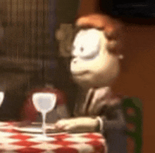 a cartoon character is sitting at a table with a glass of wine on it