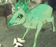 a drawing of a deer with green horns and a sad look on its face