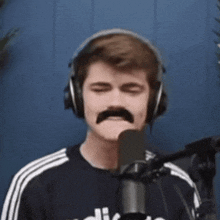a man wearing headphones and a fake mustache is standing in front of a microphone .