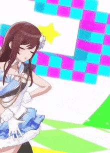 a girl in a blue and white dress is dancing