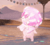 a stuffed animal wearing sunglasses and a pink hat is dancing in a video game .