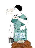 a cartoon of a woman pouring tea with the words chai time chai time chai time on the bottom