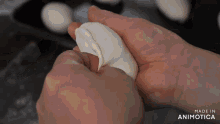 a person is holding a piece of dough in their hands with the words made in animotica in the background