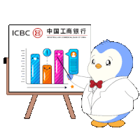 a cartoon penguin is standing in front of a board that says icbc on it