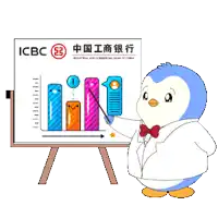 a cartoon penguin is standing in front of a board that says icbc on it