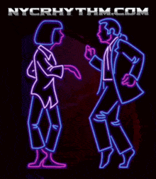 a neon sign of a man and a woman dancing with nycrhythm.com written below them