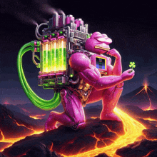 an illustration of a pink frog with a green device on his back