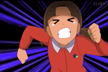 a cartoon of a girl with a star on her chest is running and crying