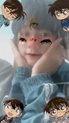 a girl with a sticker on her face that says ' sherlock holmes '