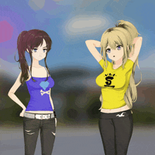 two anime girls are standing next to each other one is wearing a blue tank top and the other is wearing a yellow t-shirt