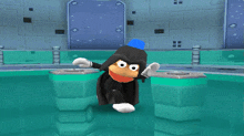 a cartoon character in a black cape is standing in a pool
