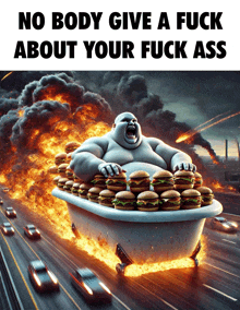 a picture of a fat man in a bathtub filled with hamburgers