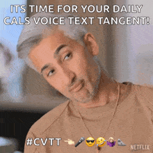 a picture of a man with a caption that says it 's time for your daily cals voice text tangent #cvtt