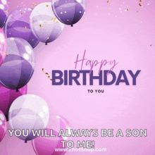 a pink background with purple and white balloons says happy birthday to you
