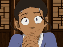 a cartoon character making a funny face with her hands on her chin