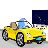 a cartoon penguin is driving a yellow car with a welcome to alaska sign in the background