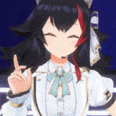 a girl with a microphone on her head is smiling and giving a peace sign